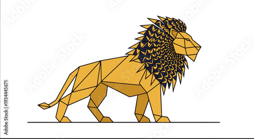 Geometric illustration of a lion in a minimalist style, showcasing angular lines and shapes, with a focus on the majestic mane and powerful stance, viewed from the side.
