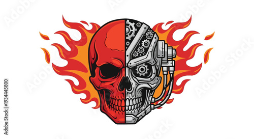 A split skull illustration featuring a red human skull and a robotic skull surrounded by fiery flames symbolizing intensity and mechanical fusion in a graphic design