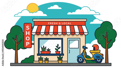 Local shop with fresh goods, scooter parked outside, sunny day