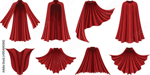 Large collection of red silk capes and flowing royal cloaks in various dramatic poses for superhero fantasy and theatrical costume design
