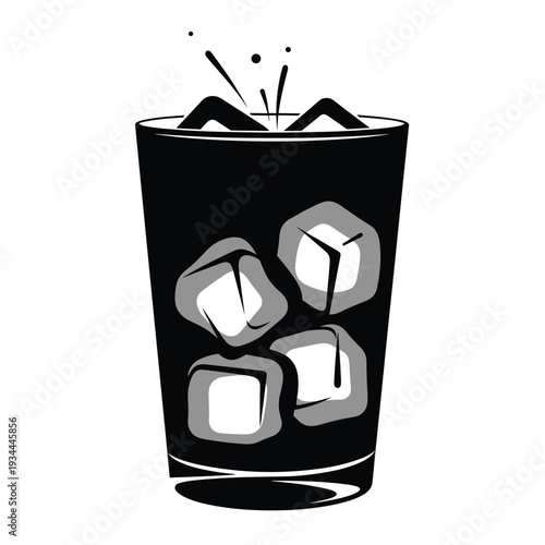 Refreshing dark beverage with ice cubes and splash in a tall glass
