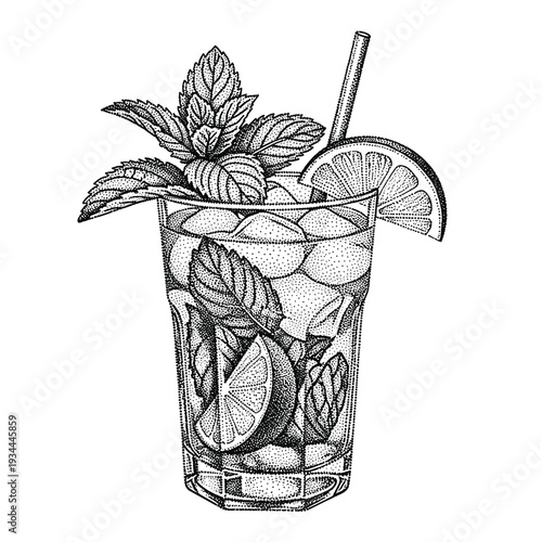 Refreshing mojito cocktail with mint and lime in a tall glass, stippled illustration