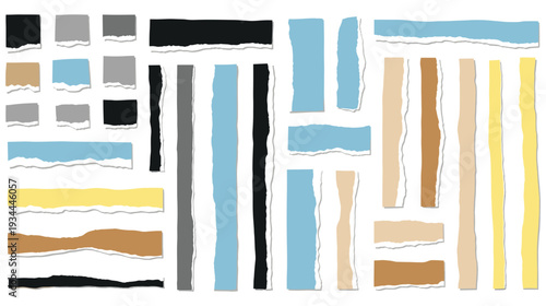 Set of abstract multicolored ripped paper pieces with uneven edges