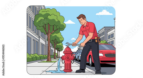 Man Fixing Leaking Fire Hydrant on City Street.