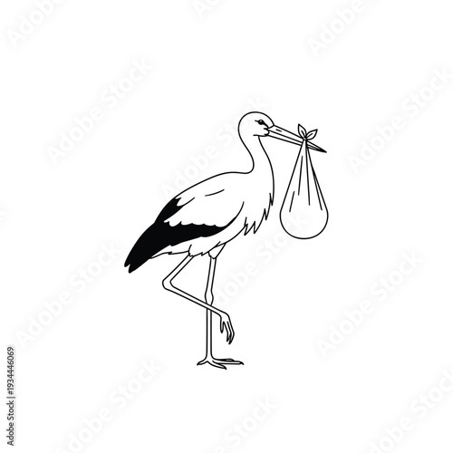Classic stork delivering a baby bundle in its beak, a timeless symbol of new life and family