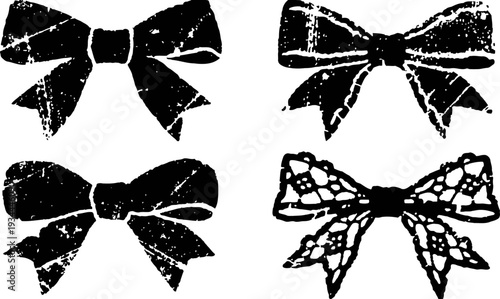 Vintage black lace and fabric bows set with textured distressed design elements