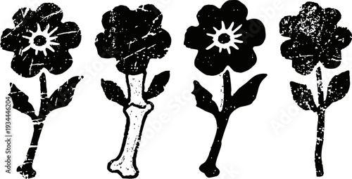 grunge floral silhouette set black flower shapes with stems and leaves vintage distressed nature icons
