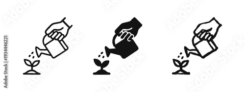 Hand Watering Plant Sprout Icon Set. Growth, Nurturing, and Gardening Symbol.