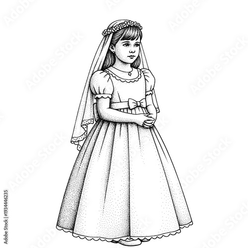 Young girl in a formal white dress and veil, ready for a special occasion