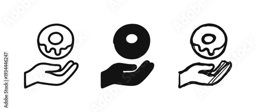 Hand Presenting Donut Icon Set. Sweet Glazed Pastry Food Symbol Vector.