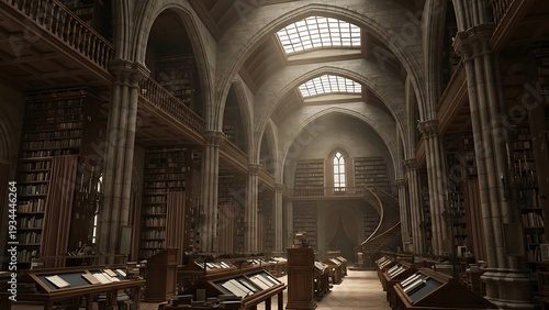 Majestic Gothic Library Interior: Sunlit Arches, Tall Bookcases & Ancient Tomes in a Grand University Hall