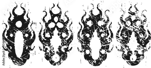 Grunge flame tribal tattoo design set with bold distressed black shapes for body art or decals