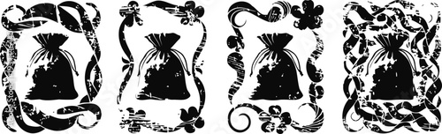 Four vintage floral frames with sack silhouettes, intricate ribbon and vine decorations