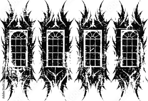 grunge window silhouettes with abstract flame and thorn vine patterns in black and white