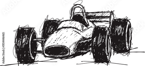 Vintage open wheel race car sketch in black ink with detailed tire and aerodynamic body design