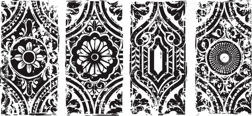 Ornate vintage black and white floral pattern set with decorative baroque elements and intricate design