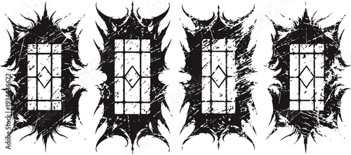 Grunge vintage window frames with ornamental distressed black ink splash borders set