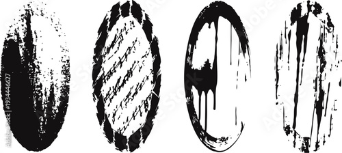 Four abstract black ink oval brush strokes on white background grunge paint textures and artistic design elements