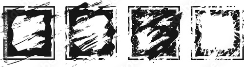 Four black grunge square frames with distressed and textured edges on white background