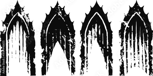 Four black gothic arch silhouettes with rough textured design and pointed tops