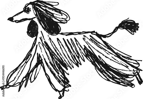 Hand drawn poodle dog sketch black ink quick scribble illustration with flowing fur and elegant posture