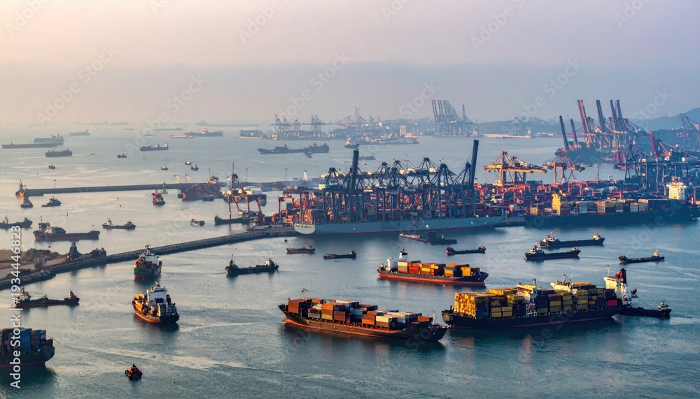Fototapeta premium Busy Container Port Scene with Ships and Cranes at Sunset