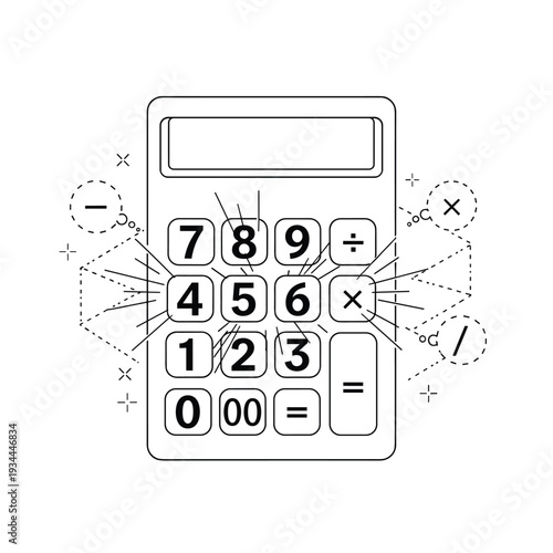 Simple line art calculator with mathematical symbols radiating outwards, representing calculations