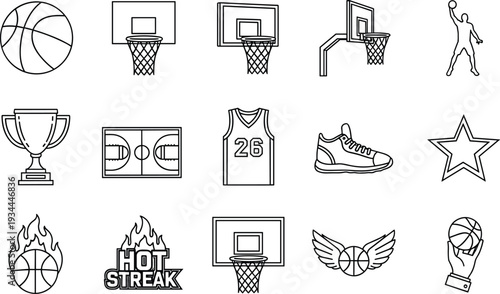 Basketball Line Icon Set with Hoop Trophy Jersey Sneaker Star and Sports Championship Symbols
