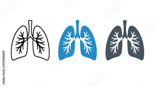 Illustration of human lungs in various styles and colors from a frontal viewpoint