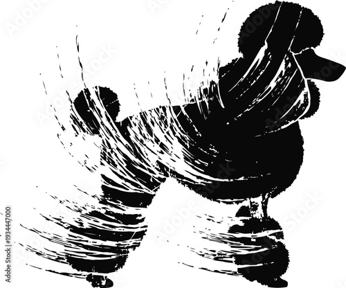 Abstract black and white dog silhouette with dynamic brush stroke pattern and artistic texture