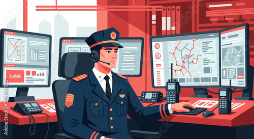 Man in Uniform Working at Command Center.