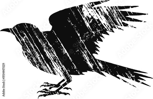 Grunge flying bird silhouette with distressed texture and rough vintage effect design