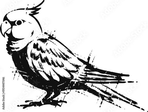 Grunge cockatiel silhouette decorative bird with crest and long tail feathers abstract ink drawing artwork