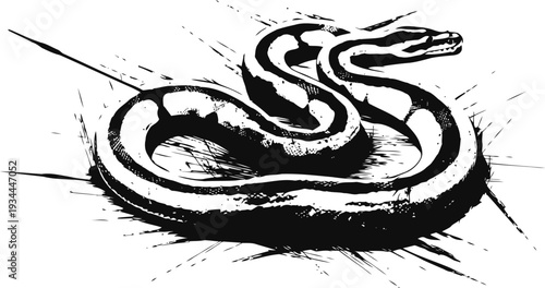 Coiled snake side view illustration with detailed scales and textured skin in black and white
