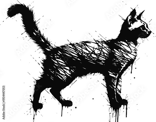 Silhouette of a cat with raised tail, ink splatter effect on white background