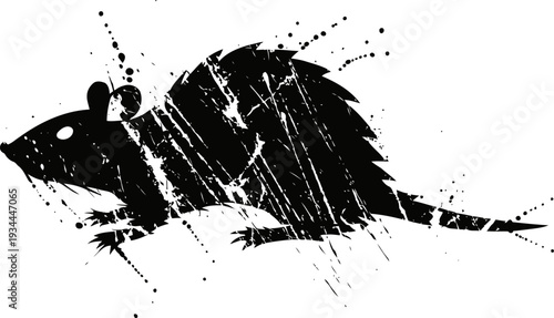 Grunge silhouette of a rat with textured distressed scratches on a white background