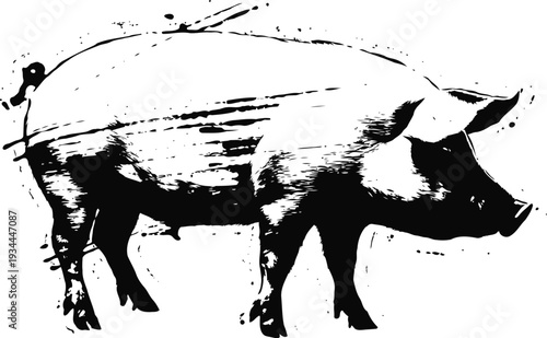 Black pig side view illustration with detailed lines and realistic texture