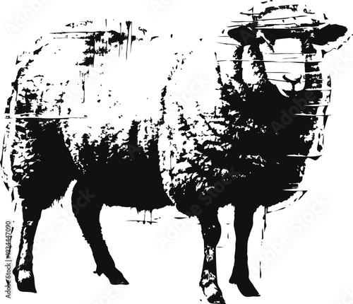 Black and white sheep silhouette with textured wool and rustic distressed effect