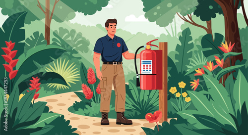 Man with Fire Extinguisher in Lush Greenery.