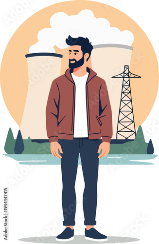 uomo davanti in piedi a centrale nucleare atomica vettoriale 