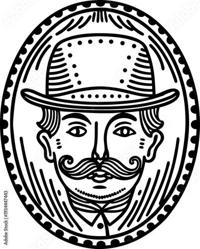 Vintage gentleman portrait in oval frame with hat and mustache, retro man face illustration
