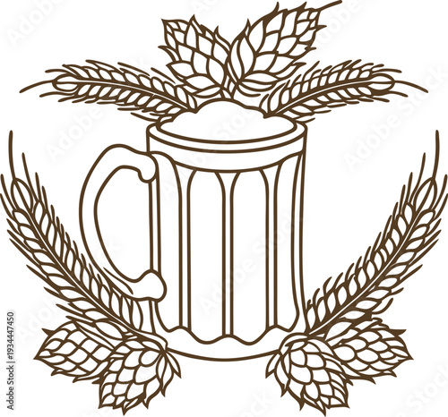 mug of beer with hops and barley illustration craft beer brewing ingredients design