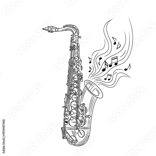 Stylized saxophone illustration with musical notes and sound waves