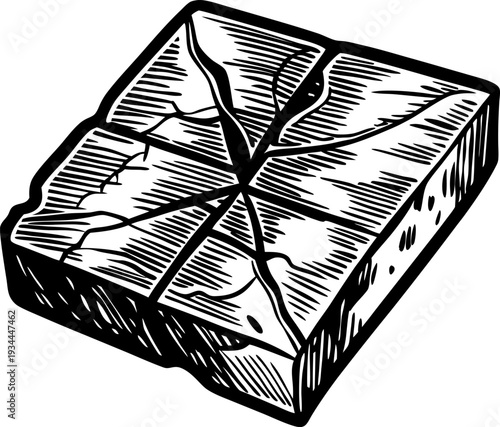 Cracked stone block with rough texture and chiseled details hand drawn illustration