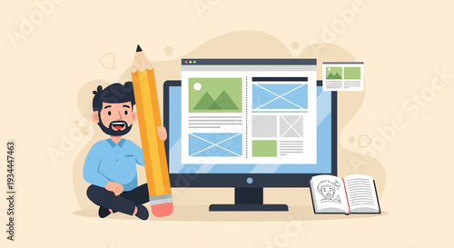 Web designer with giant pencil and computer screen showing website layout