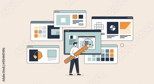 Web designer creating website layouts on computer screens, graphic design concept
