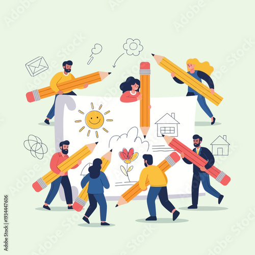 Creative Team Drawing Together with Giant Pencils, Idea Generation and Collaboration