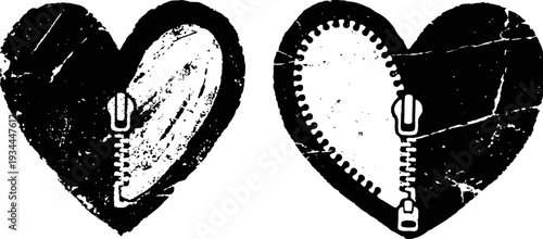 Black and white heart illustrations with zippers, symbolizing connection and separation, grunge texture
