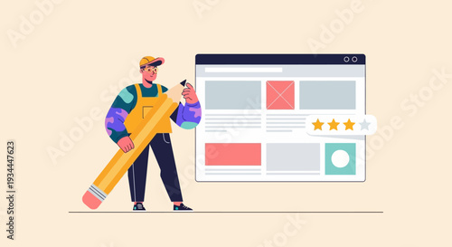 Designer with giant pencil creating website layout, user interface design, online content creation