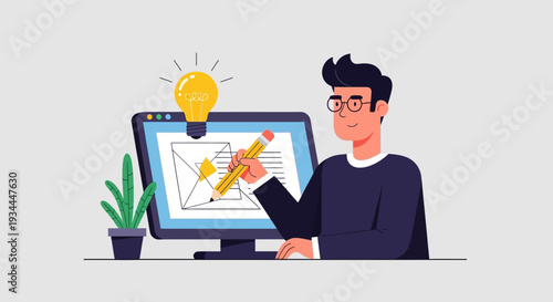 Designer working on computer with lightbulb idea, concept of creativity and innovation